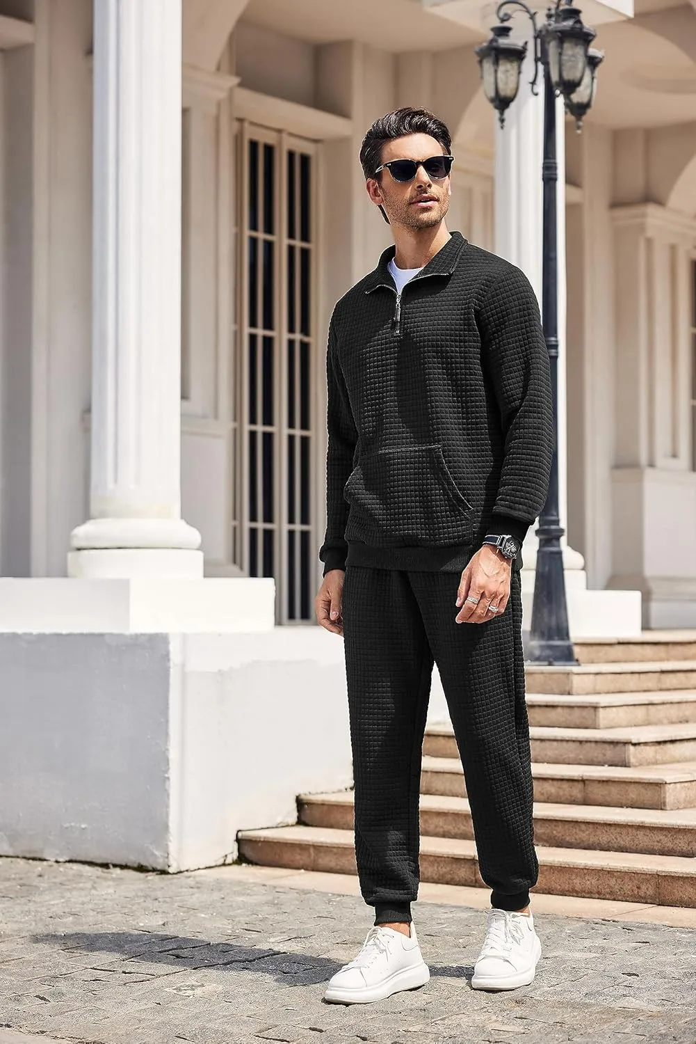 COOFANDY Men's Tracksuit 2 Piece Quarter Zip Sweatsuit Workout Plaid Jacquard Jogging Suit Set