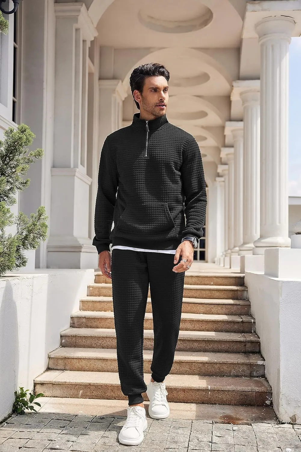 COOFANDY Men's Tracksuit 2 Piece Quarter Zip Sweatsuit Workout Plaid Jacquard Jogging Suit Set