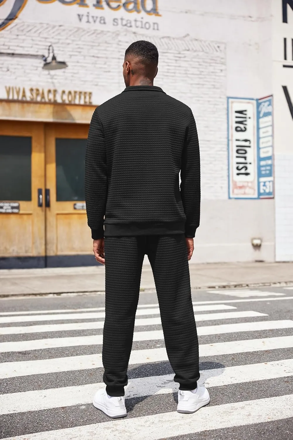 COOFANDY Men's Tracksuit 2 Piece Quarter Zip Sweatsuit Workout Plaid Jacquard Jogging Suit Set