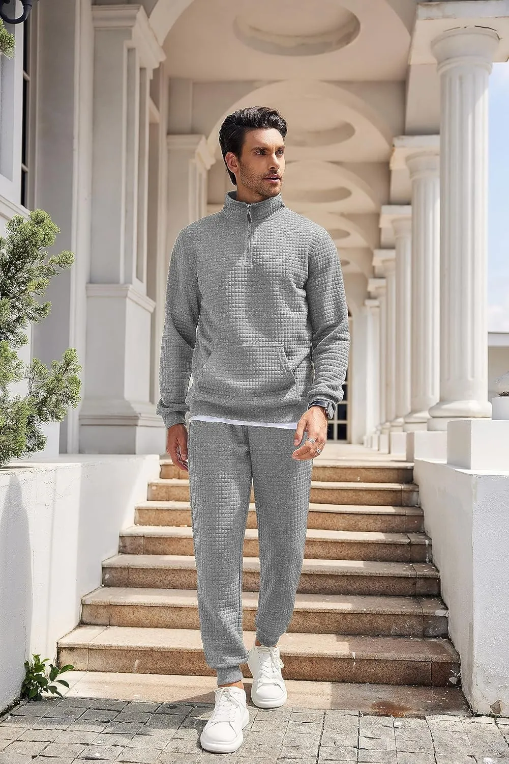 COOFANDY Men's Tracksuit 2 Piece Quarter Zip Sweatsuit Workout Plaid Jacquard Jogging Suit Set