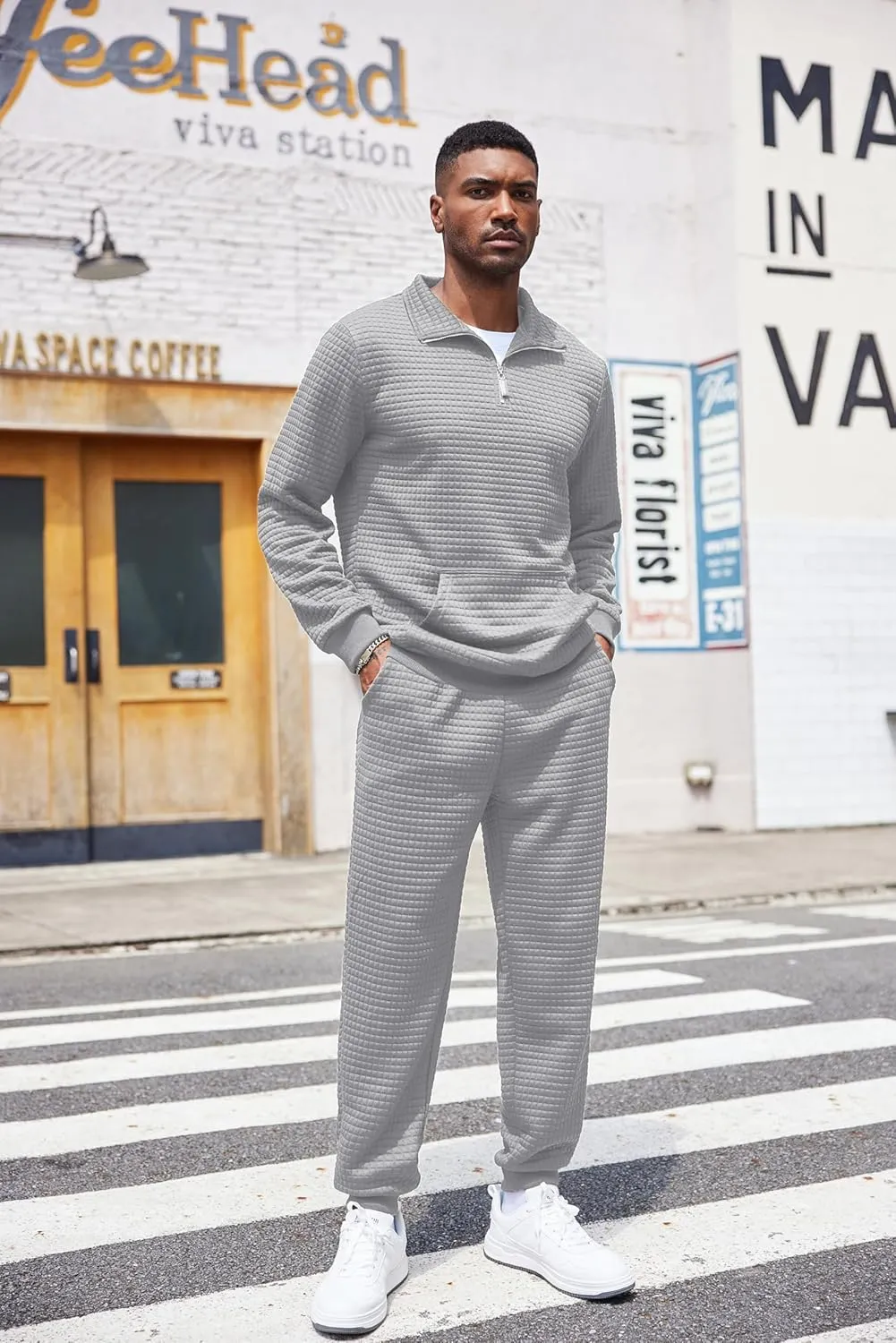 COOFANDY Men's Tracksuit 2 Piece Quarter Zip Sweatsuit Workout Plaid Jacquard Jogging Suit Set