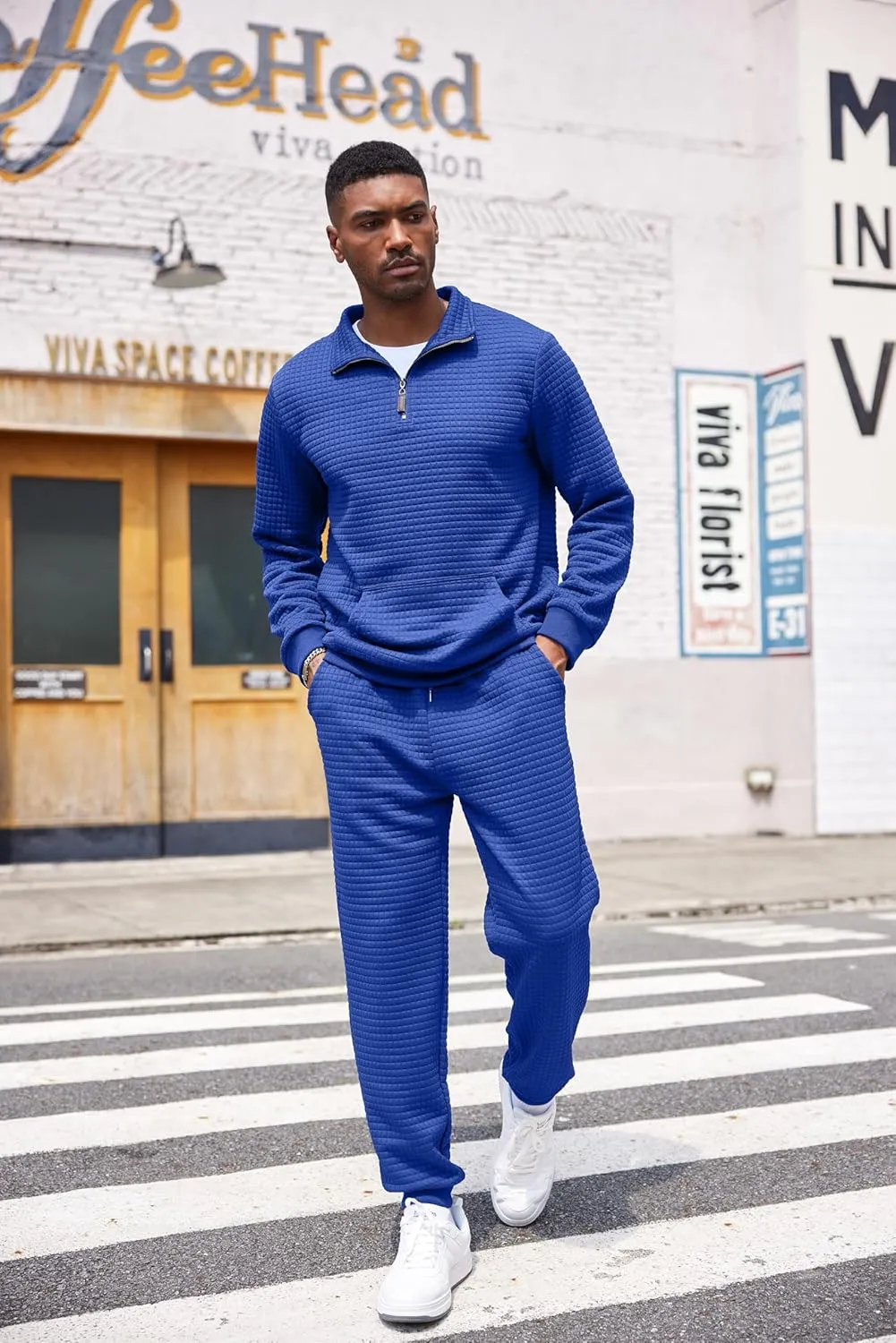 COOFANDY Men's Tracksuit 2 Piece Quarter Zip Sweatsuit Workout Plaid Jacquard Jogging Suit Set