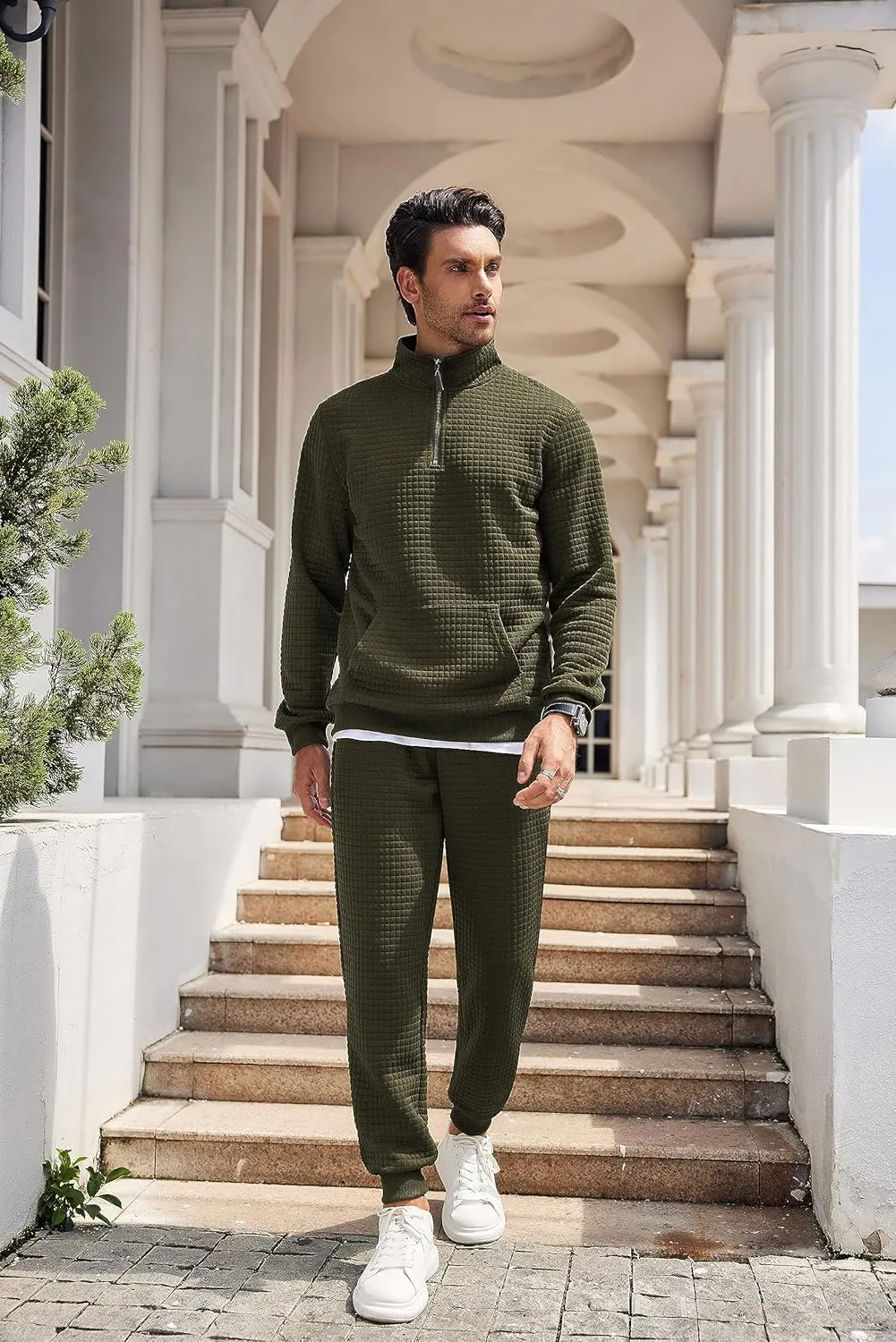 COOFANDY Men's Tracksuit 2 Piece Quarter Zip Sweatsuit Workout Plaid Jacquard Jogging Suit Set