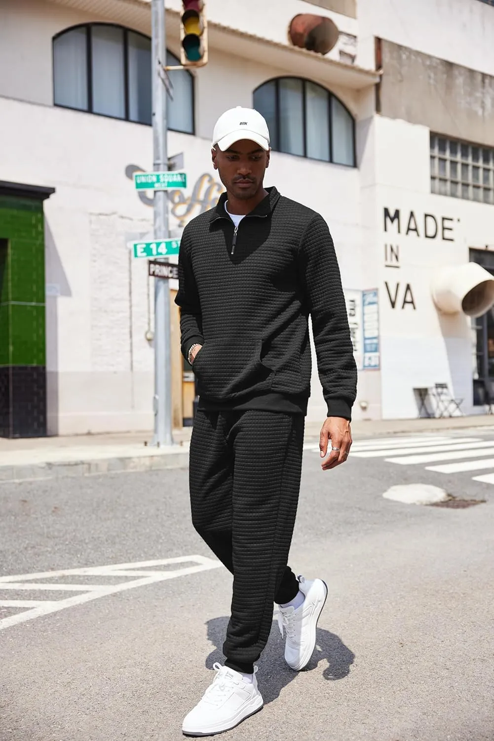 COOFANDY Men's Tracksuit 2 Piece Quarter Zip Sweatsuit Workout Plaid Jacquard Jogging Suit Set