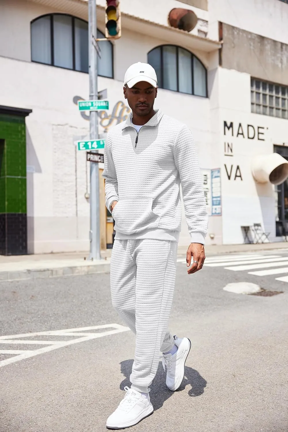 COOFANDY Men's Tracksuit 2 Piece Quarter Zip Sweatsuit Workout Plaid Jacquard Jogging Suit Set