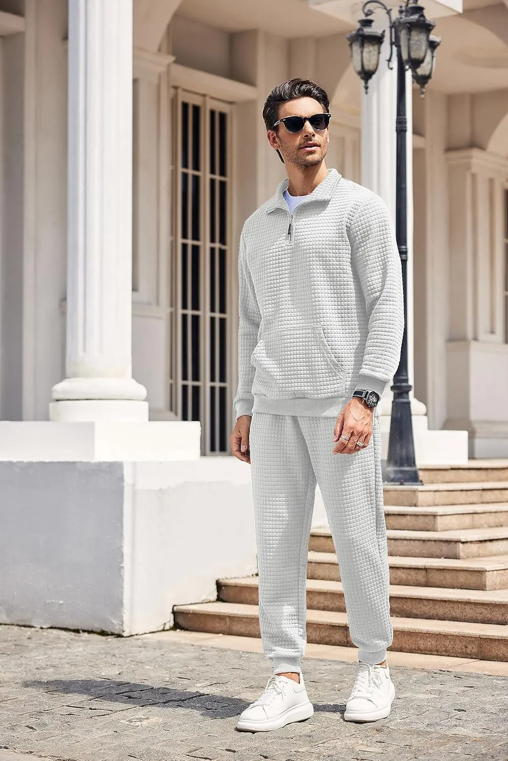 COOFANDY Men's Tracksuit 2 Piece Quarter Zip Sweatsuit Workout Plaid Jacquard Jogging Suit Set
