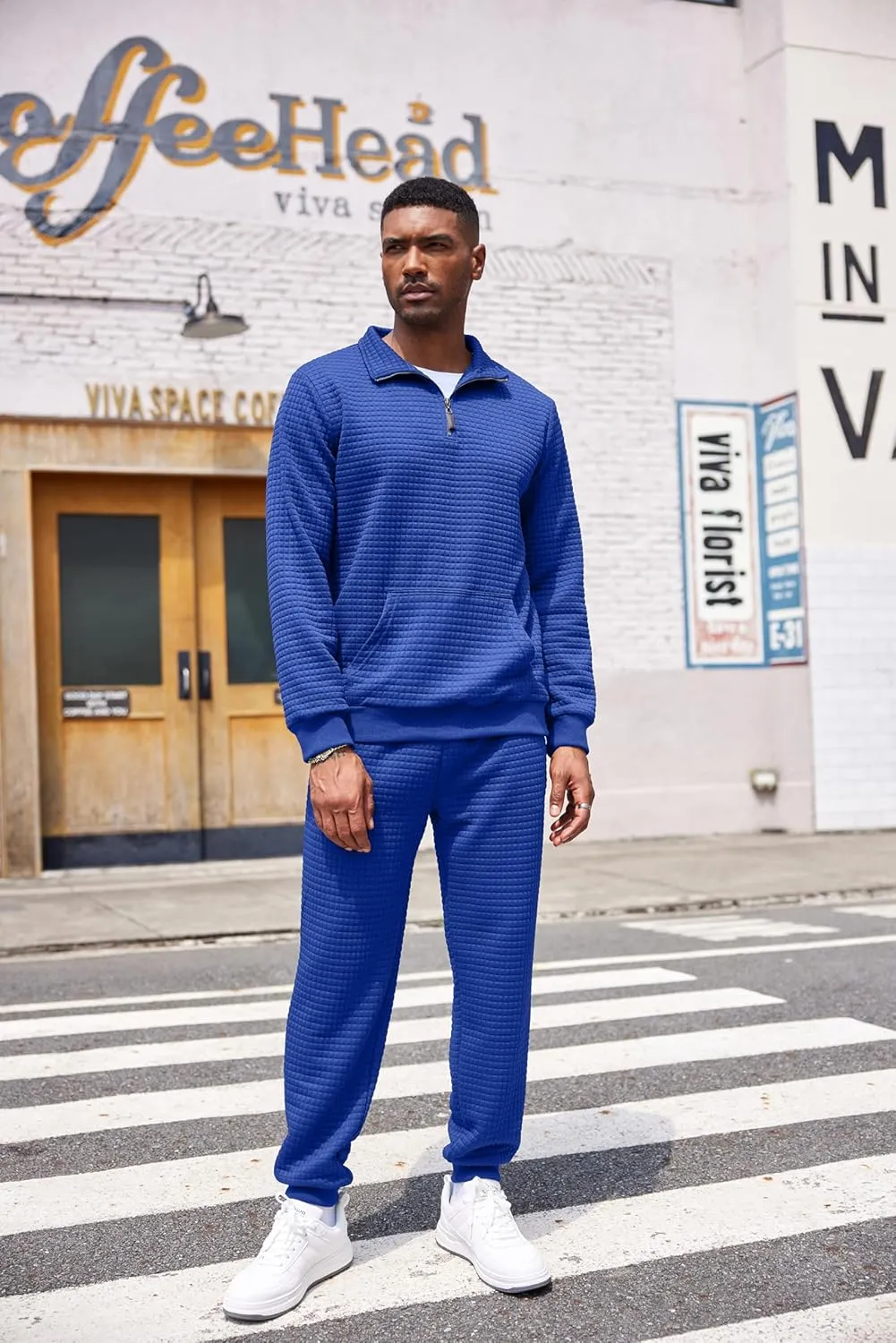 COOFANDY Men's Tracksuit 2 Piece Quarter Zip Sweatsuit Workout Plaid Jacquard Jogging Suit Set