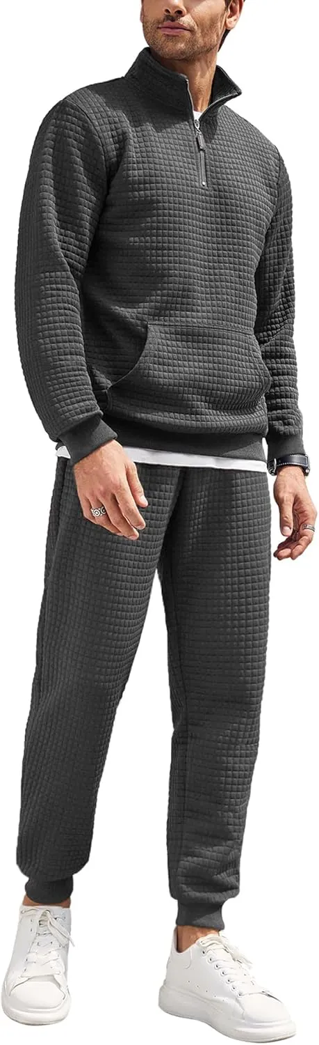COOFANDY Men's Tracksuit 2 Piece Quarter Zip Sweatsuit Workout Plaid Jacquard Jogging Suit Set