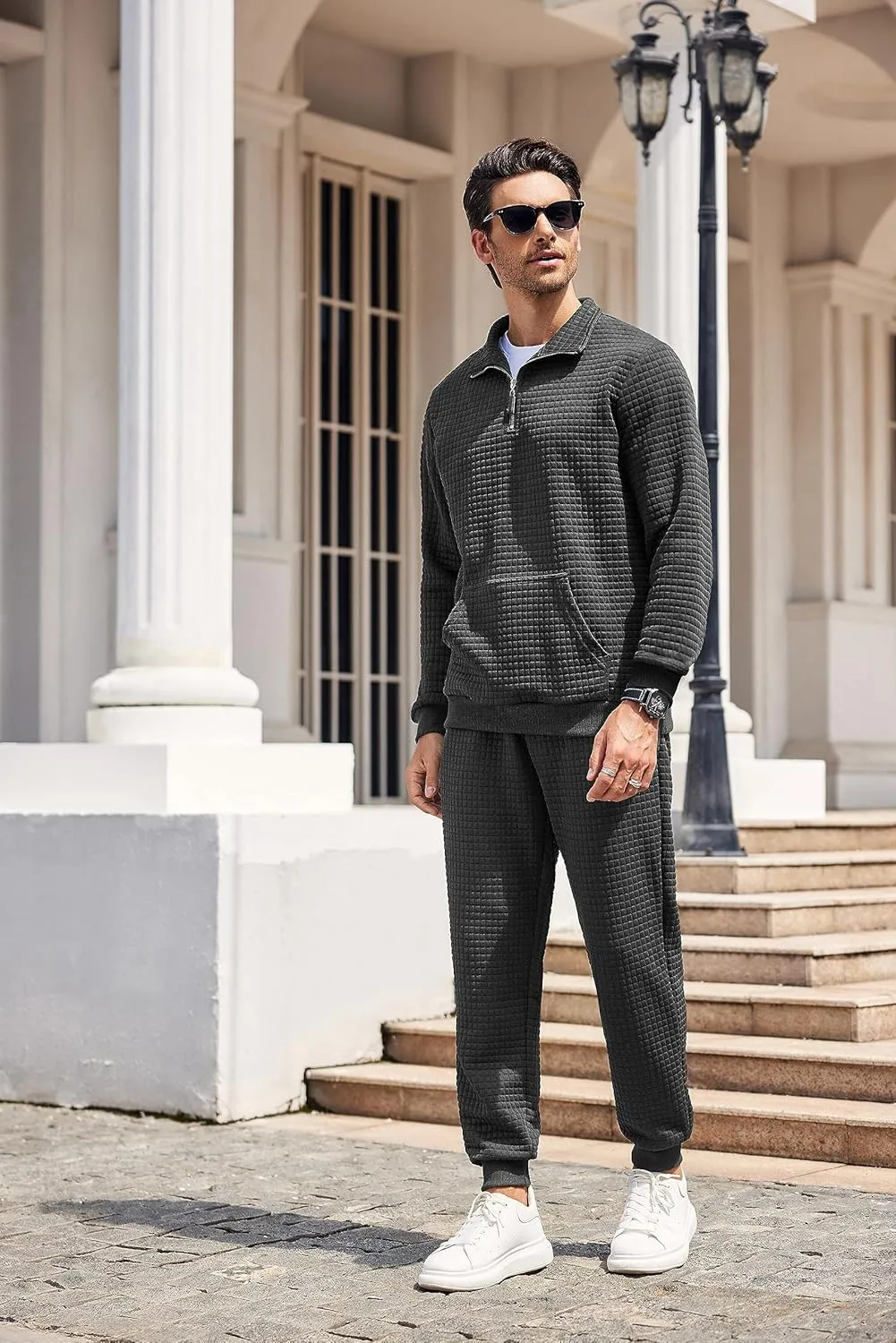 COOFANDY Men's Tracksuit 2 Piece Quarter Zip Sweatsuit Workout Plaid Jacquard Jogging Suit Set