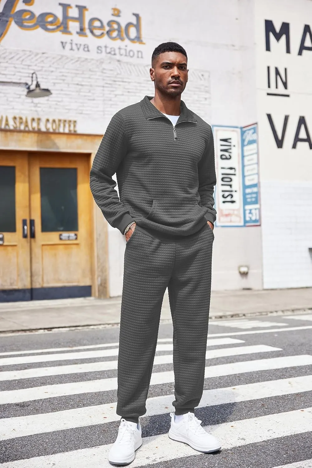 COOFANDY Men's Tracksuit 2 Piece Quarter Zip Sweatsuit Workout Plaid Jacquard Jogging Suit Set