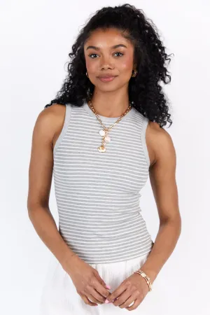 Core Values Grey and Ivory Ribbed Stripe High Neck Tank