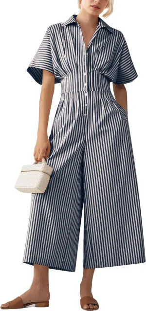 Cotton Summer Wide Leg Jumpsuits 2025 Women Elegant Striped Short Sleeve Long Rompers Button Down One Piece Outfits