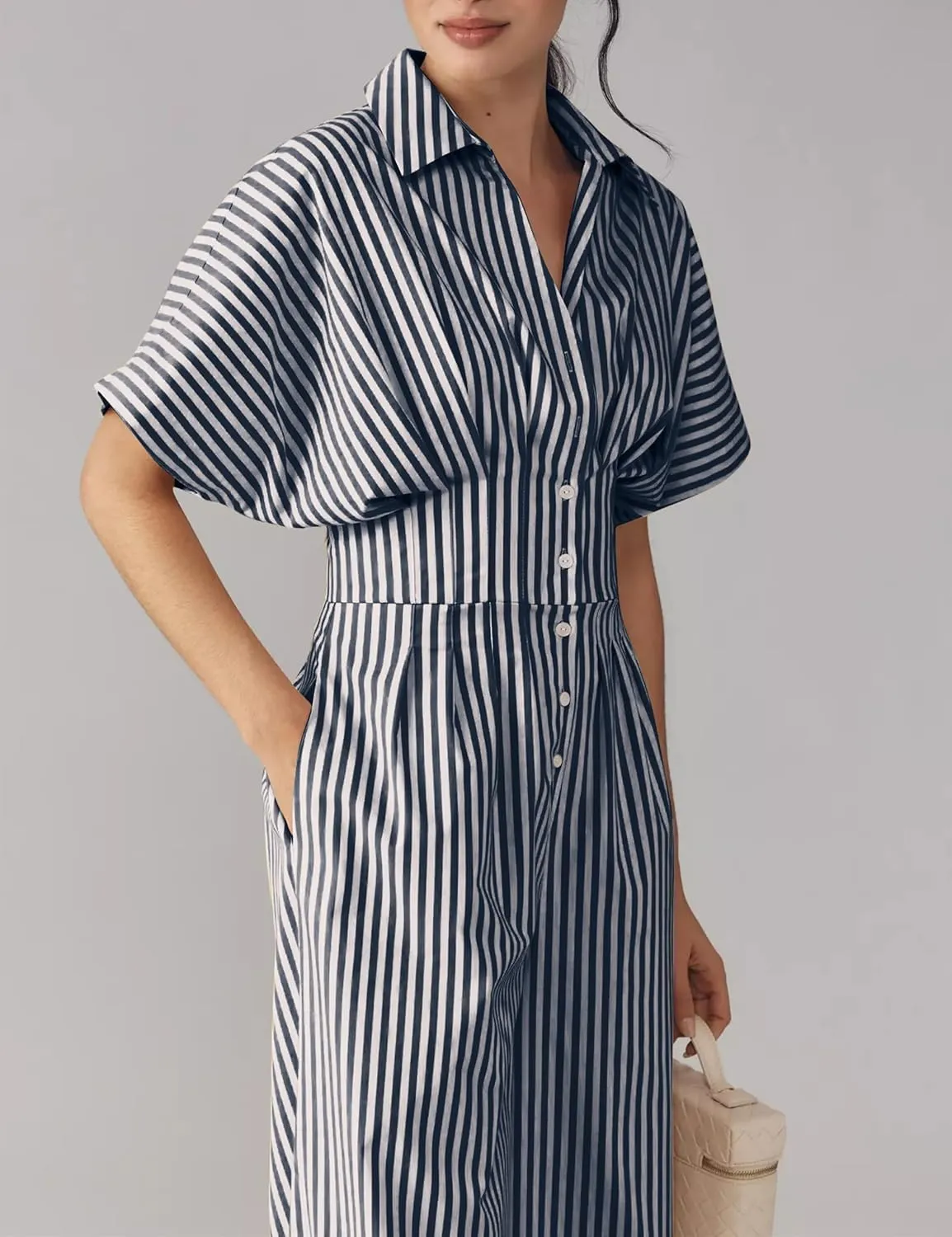 Cotton Summer Wide Leg Jumpsuits 2025 Women Elegant Striped Short Sleeve Long Rompers Button Down One Piece Outfits