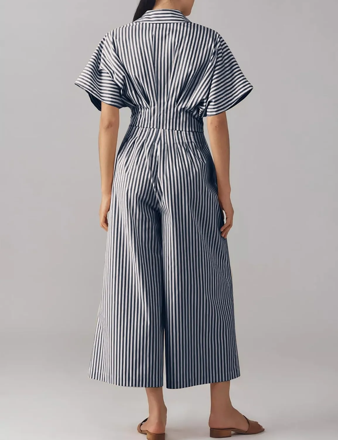 Cotton Summer Wide Leg Jumpsuits 2025 Women Elegant Striped Short Sleeve Long Rompers Button Down One Piece Outfits