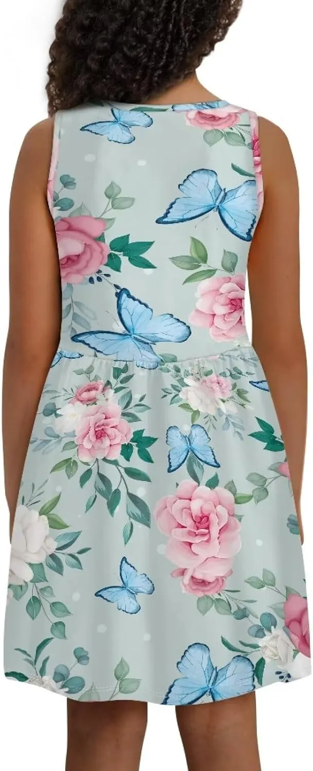 Cute Sundress with Pockets for Girls Casual Dress Knee Length Sleeveless Beach Skirts for 2-14T Teen Girls