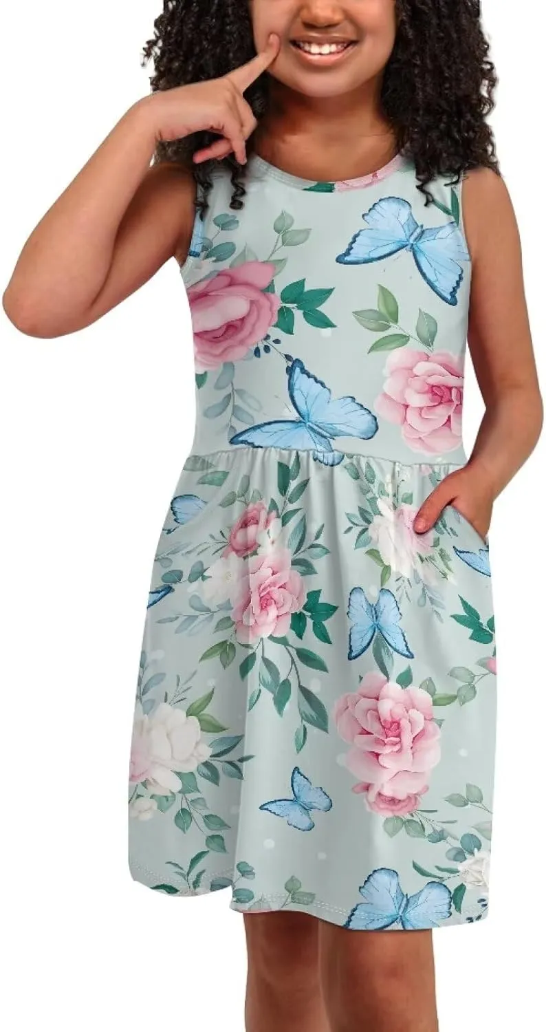 Cute Sundress with Pockets for Girls Casual Dress Knee Length Sleeveless Beach Skirts for 2-14T Teen Girls