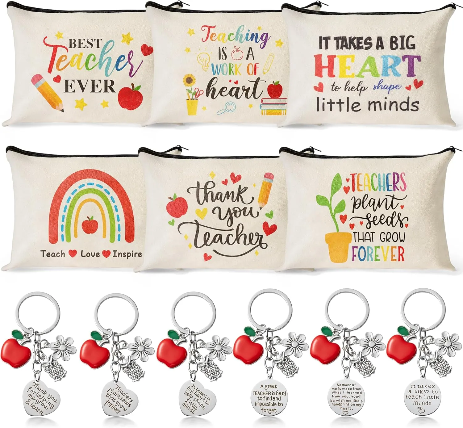 CY2SIDE Teacher Appreciation Gifts Set - 6 Style Thank Teacher Theme Survival Kit Bohemian Rainbow Cosmetic Bag with Zipper and 6PCS Apple Key Chains Appreciation Key Ring Thank You Gifts