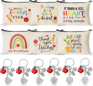 CY2SIDE Teacher Appreciation Gifts Set - 6 Style Thank Teacher Theme Survival Kit Bohemian Rainbow Cosmetic Bag with Zipper and 6PCS Apple Key Chains Appreciation Key Ring Thank You Gifts