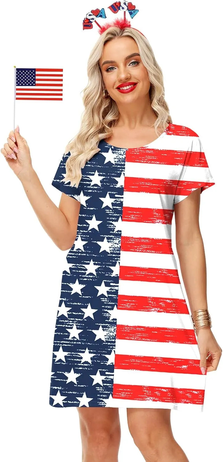 Deerose Women 4th of July Dress American Flag Patriotic Short Sleeve Dress with Pockets