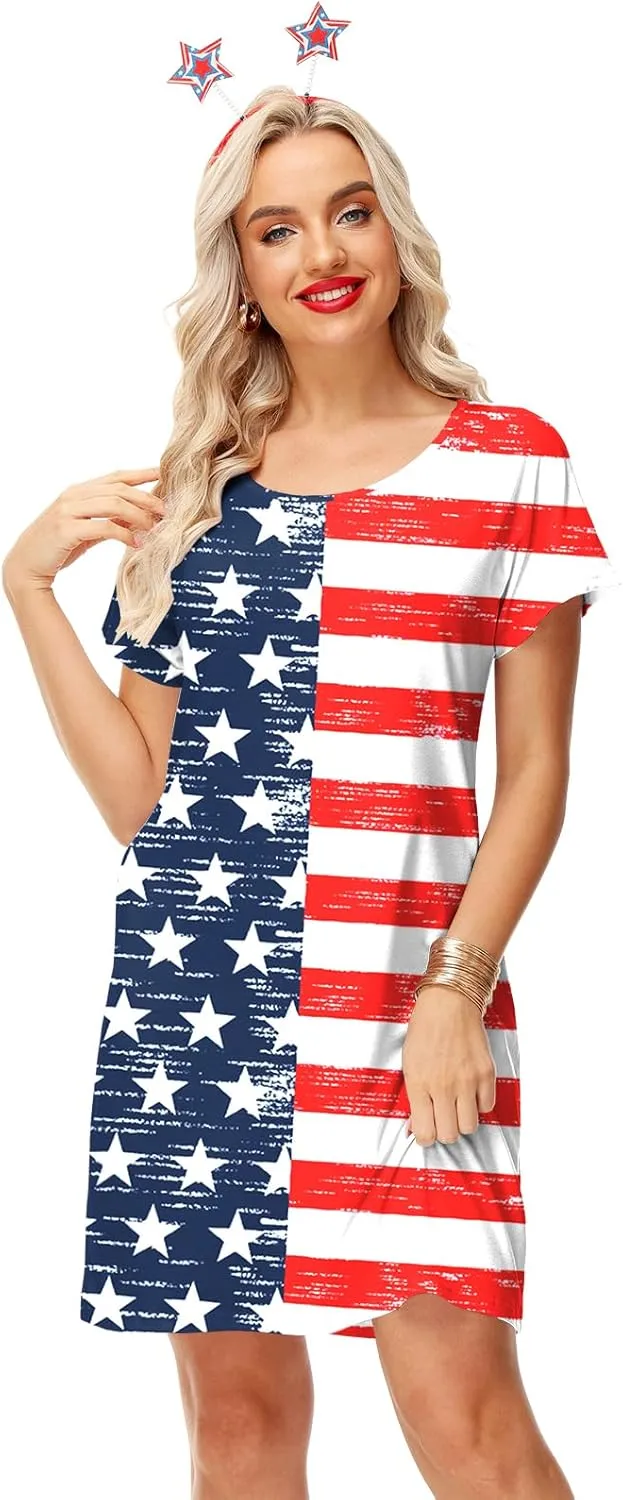 Deerose Women 4th of July Dress American Flag Patriotic Short Sleeve Dress with Pockets