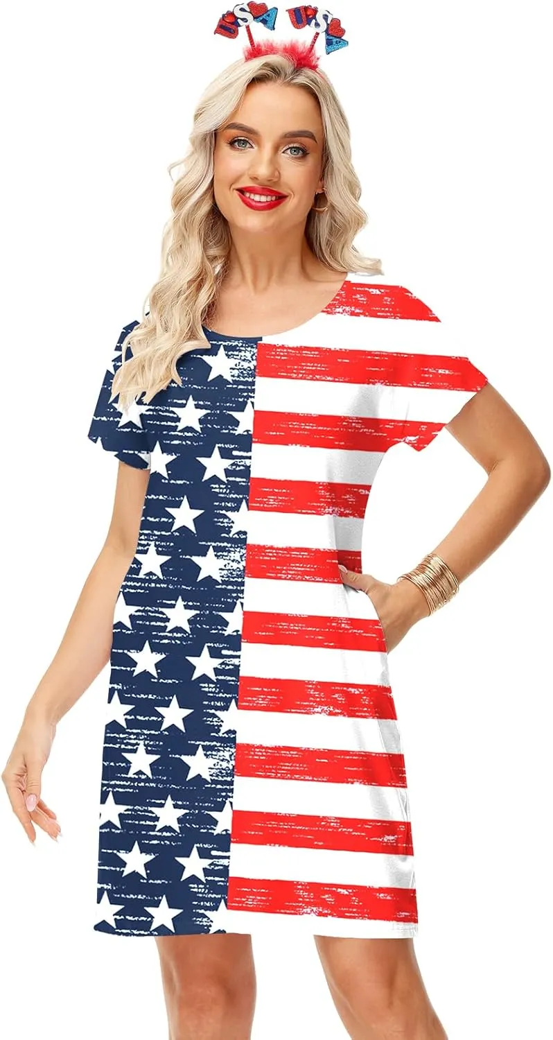 Deerose Women 4th of July Dress American Flag Patriotic Short Sleeve Dress with Pockets