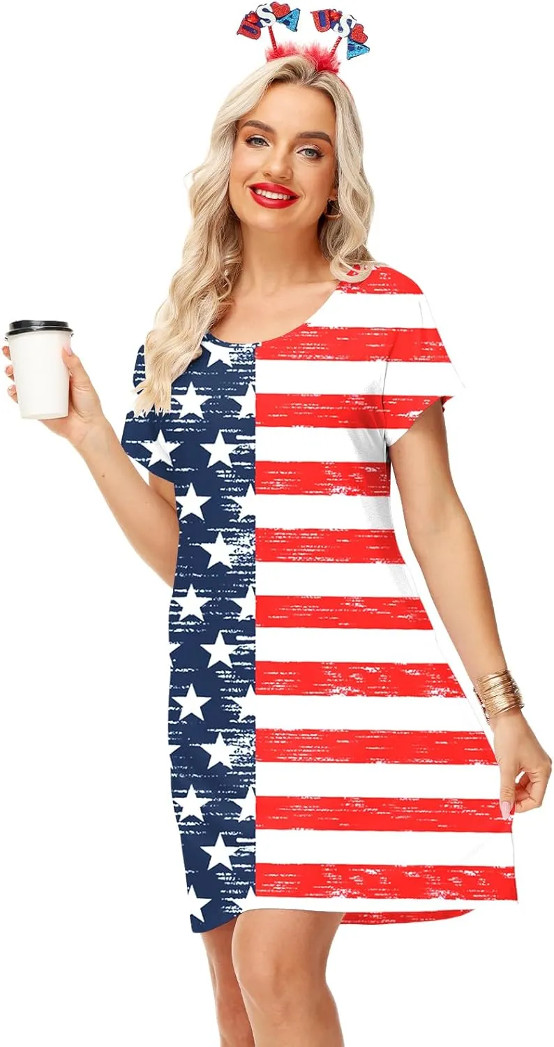 Deerose Women 4th of July Dress American Flag Patriotic Short Sleeve Dress with Pockets