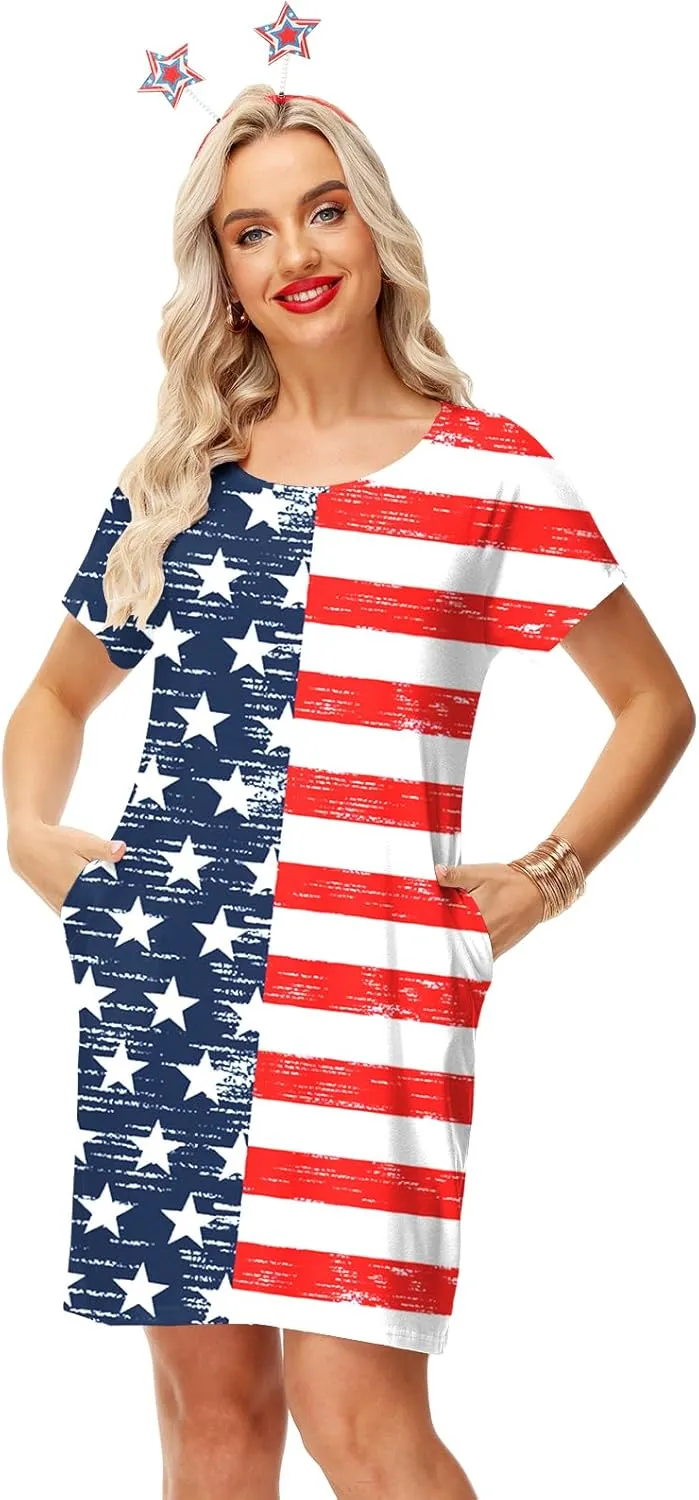 Deerose Women 4th of July Dress American Flag Patriotic Short Sleeve Dress with Pockets