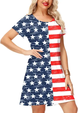 Deerose Women 4th of July Dress American Flag Patriotic Short Sleeve Dress with Pockets