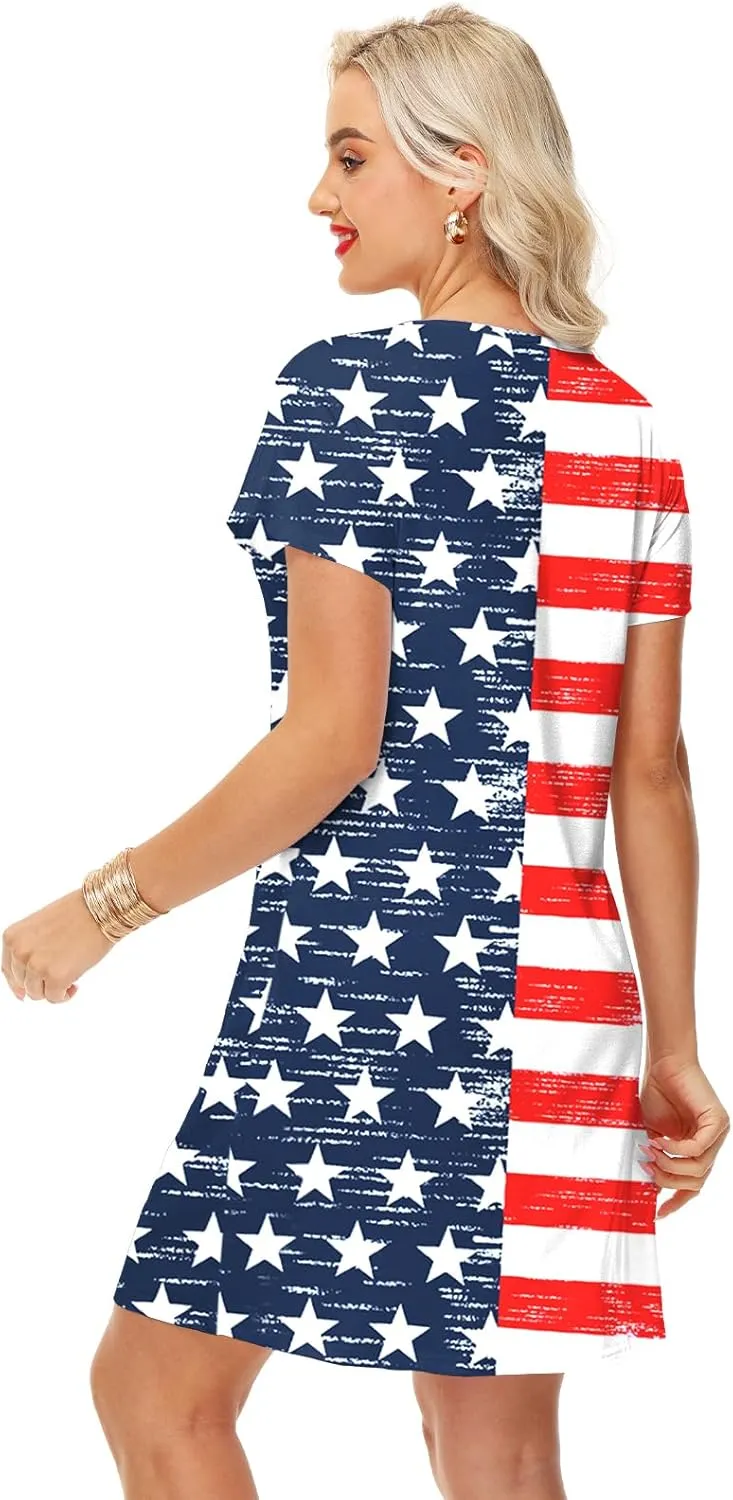 Deerose Women 4th of July Dress American Flag Patriotic Short Sleeve Dress with Pockets
