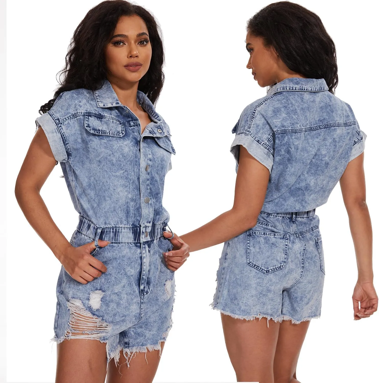 Distressed Denim Romper Button Down Denim Jumpsuit Short Sleeve Elastic Waist Jean Romper