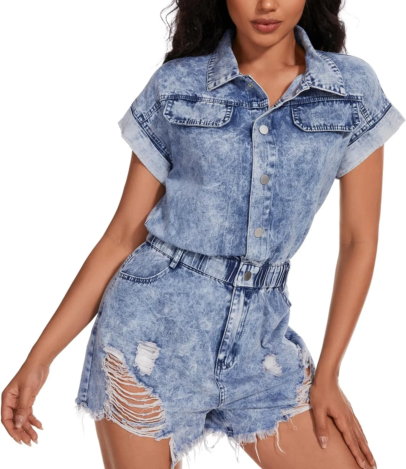Distressed Denim Romper Button Down Denim Jumpsuit Short Sleeve Elastic Waist Jean Romper