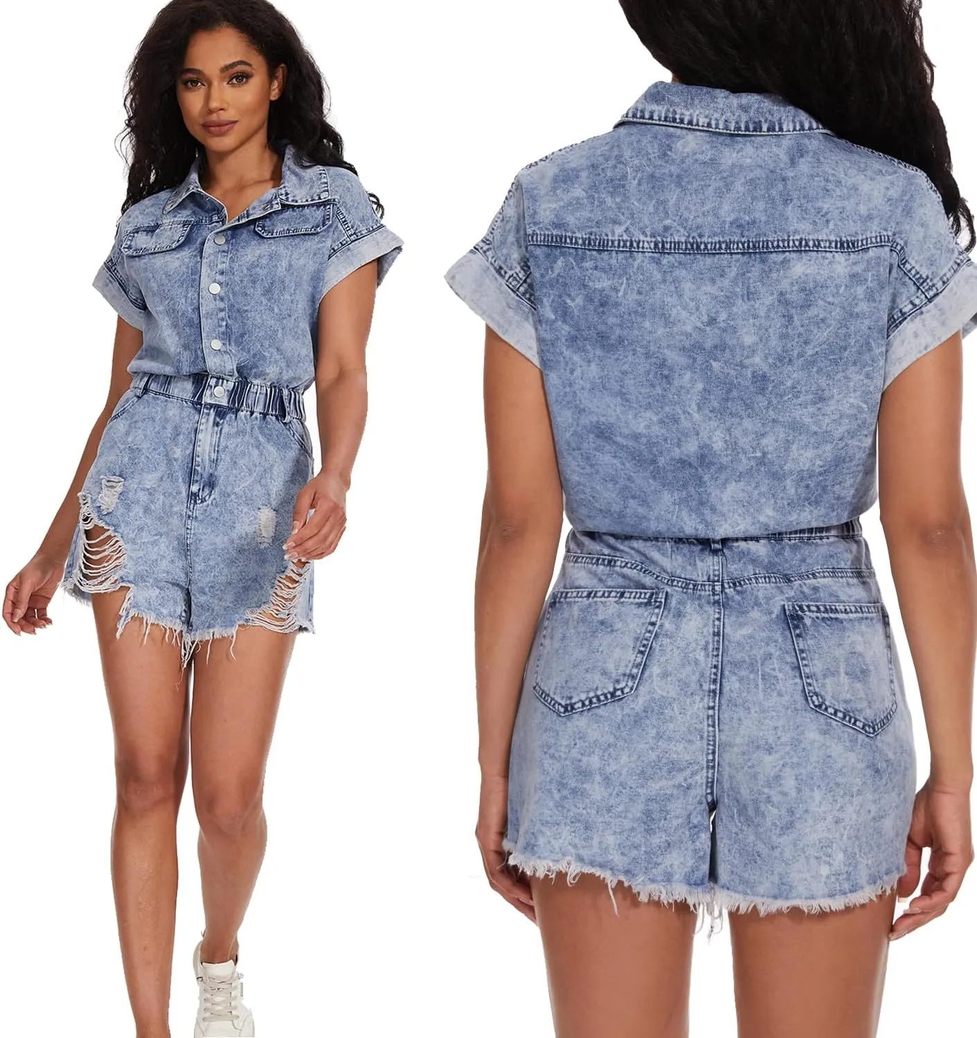 Distressed Denim Romper Button Down Denim Jumpsuit Short Sleeve Elastic Waist Jean Romper