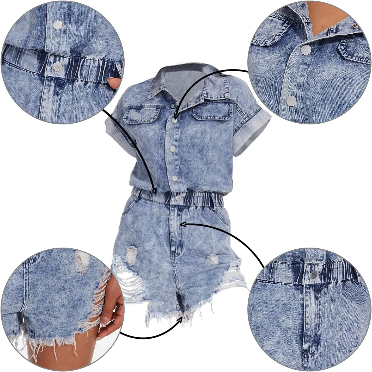 Distressed Denim Romper Button Down Denim Jumpsuit Short Sleeve Elastic Waist Jean Romper