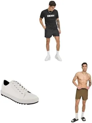 DKNY Men's Short Sleeve UPF Top, Two-Tone Sneakers, Size 8.5, and Quick Dry Volley Swim Trunk Bundle