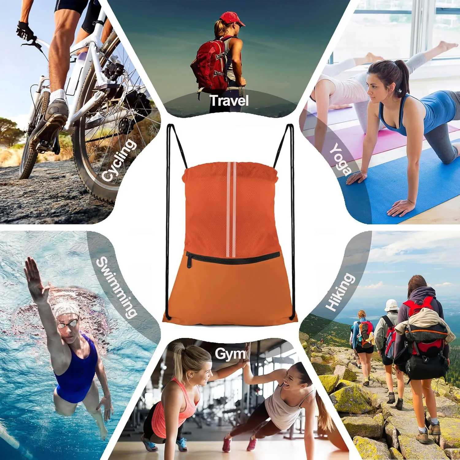 Drawstring Backpack Large Sports Draw String Bag for Women and Men (Orange)