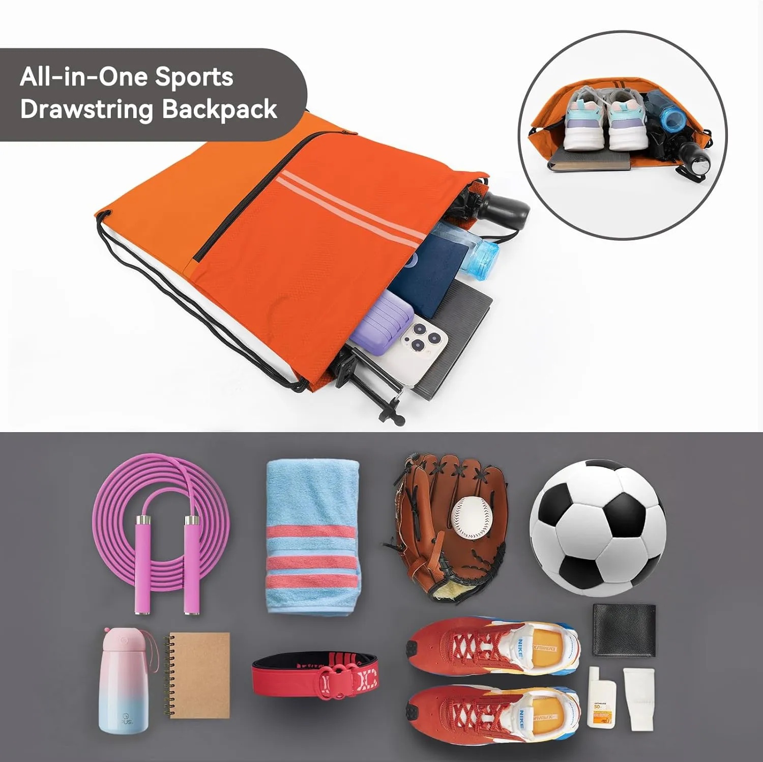 Drawstring Backpack Large Sports Draw String Bag for Women and Men (Orange)