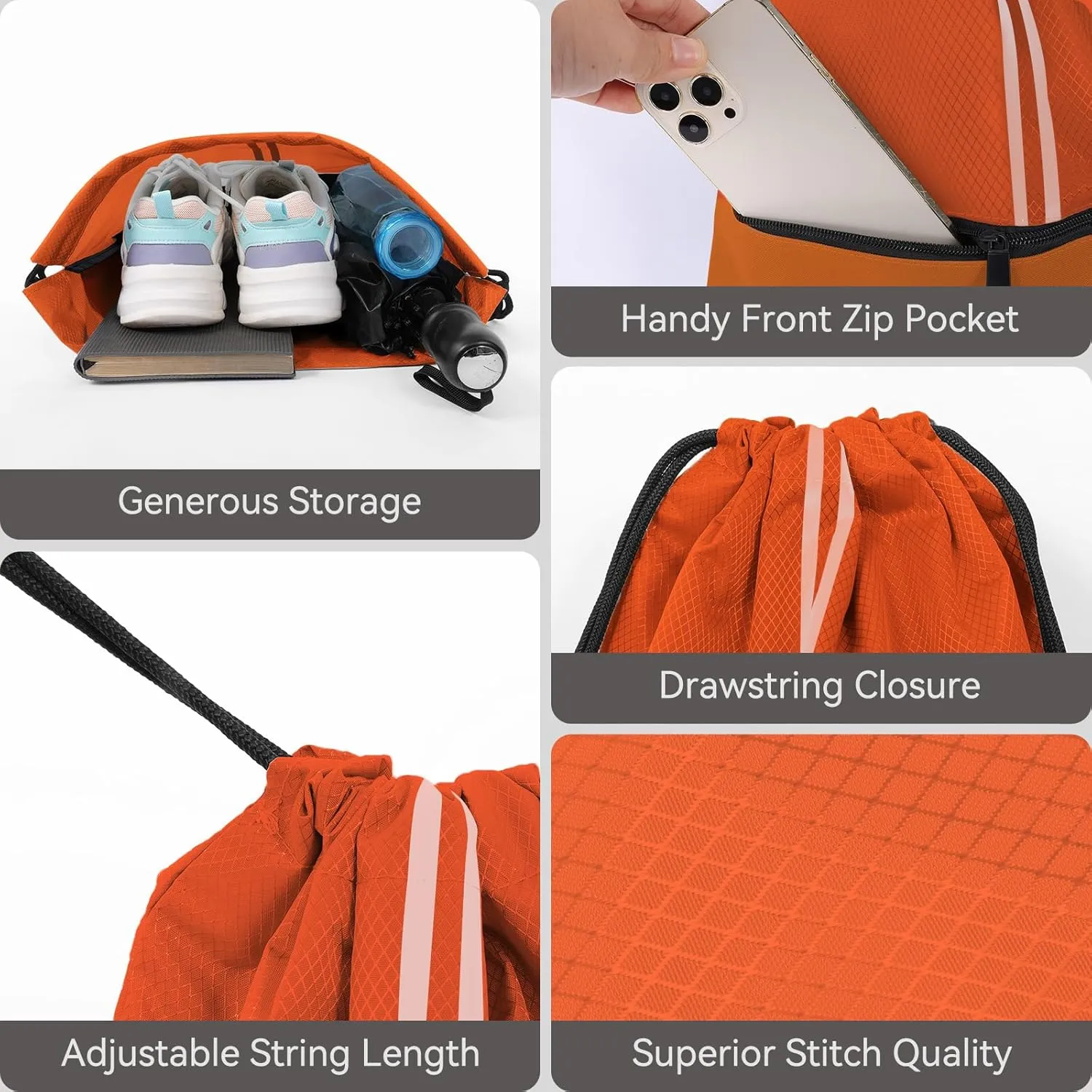 Drawstring Backpack Large Sports Draw String Bag for Women and Men (Orange)