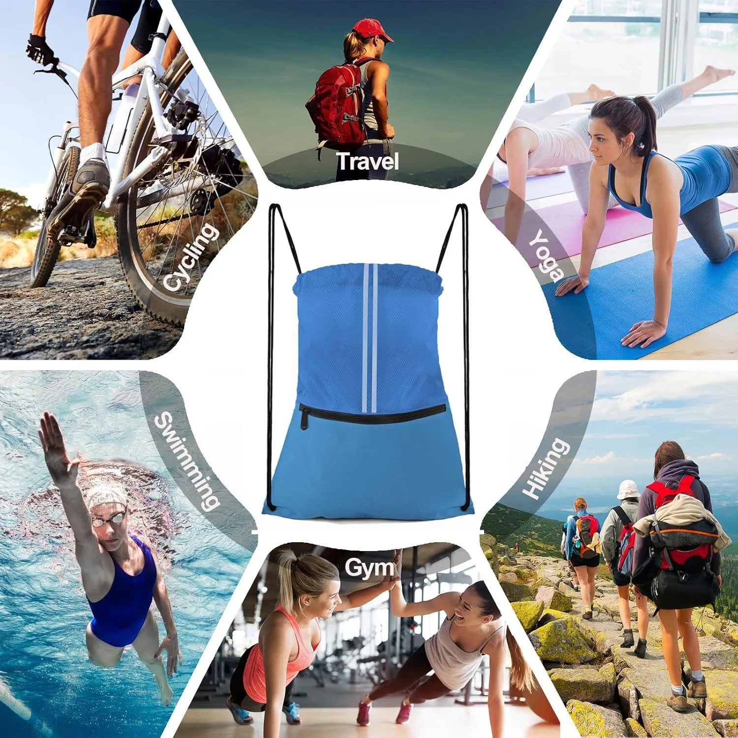 Drawstring Backpack Large Sports Gym Draw String Bag for Women and Men (Ocean Blue)