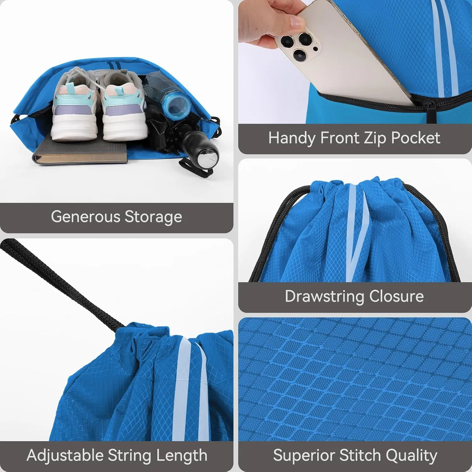 Drawstring Backpack Large Sports Gym Draw String Bag for Women and Men (Ocean Blue)
