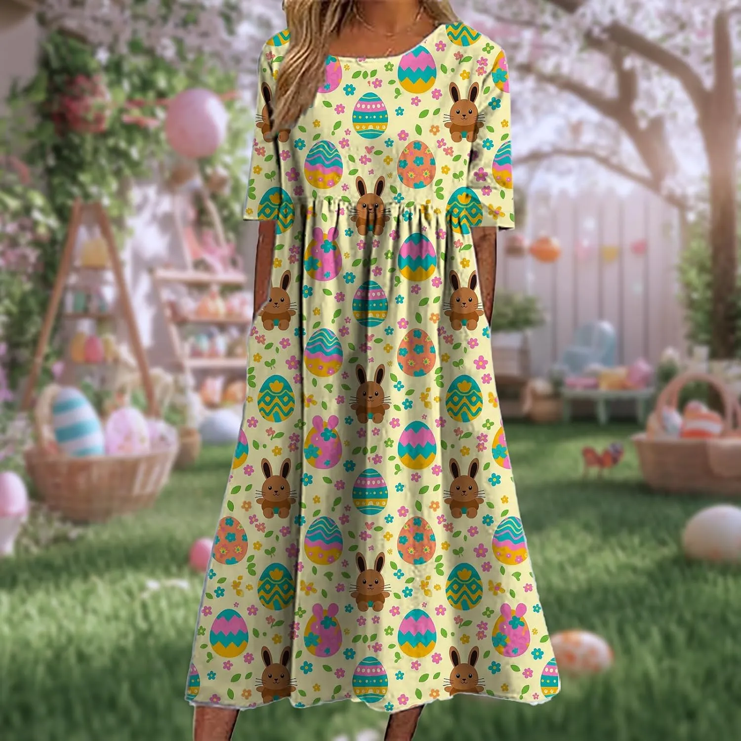 Easter Dress for Women 2025 Trendy Loose Short Sleeve Midi Dress Cute Bunny Egg Print Long Dress with Pockets
