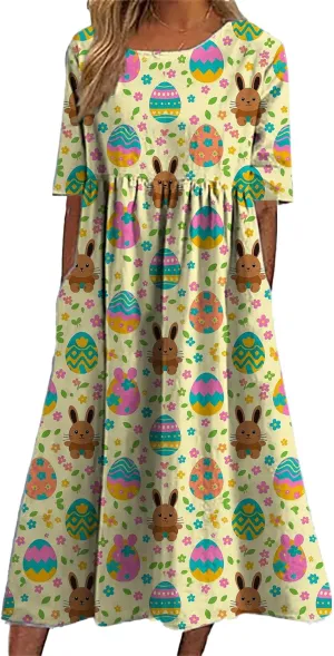 Easter Dress for Women 2025 Trendy Loose Short Sleeve Midi Dress Cute Bunny Egg Print Long Dress with Pockets