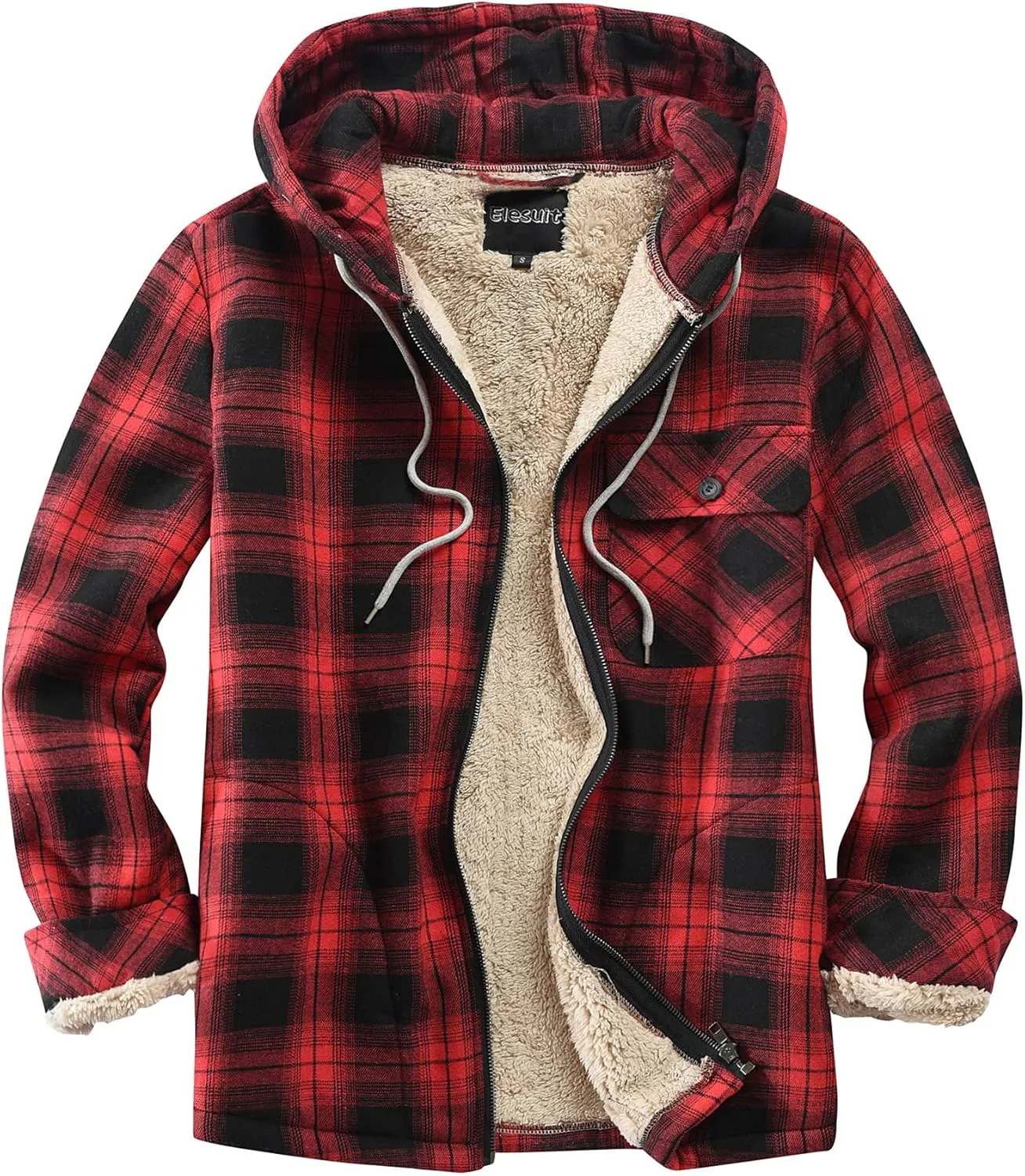 Elesuit Men's Full Zip Fleece Flannel Jackets Shirt Plaid Cotton Hoodies Soft Warm Coat for Men with Hood