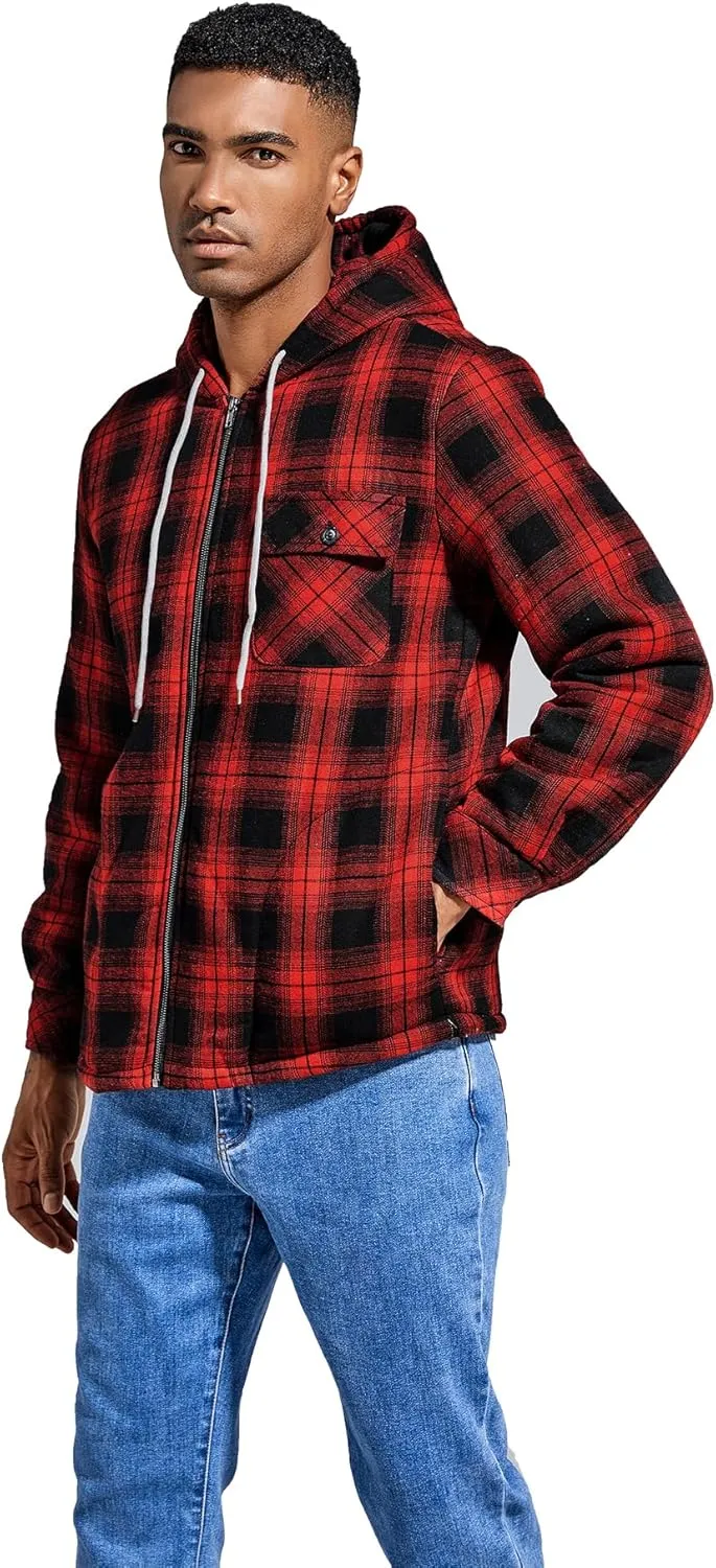 Elesuit Men's Full Zip Fleece Flannel Jackets Shirt Plaid Cotton Hoodies Soft Warm Coat for Men with Hood