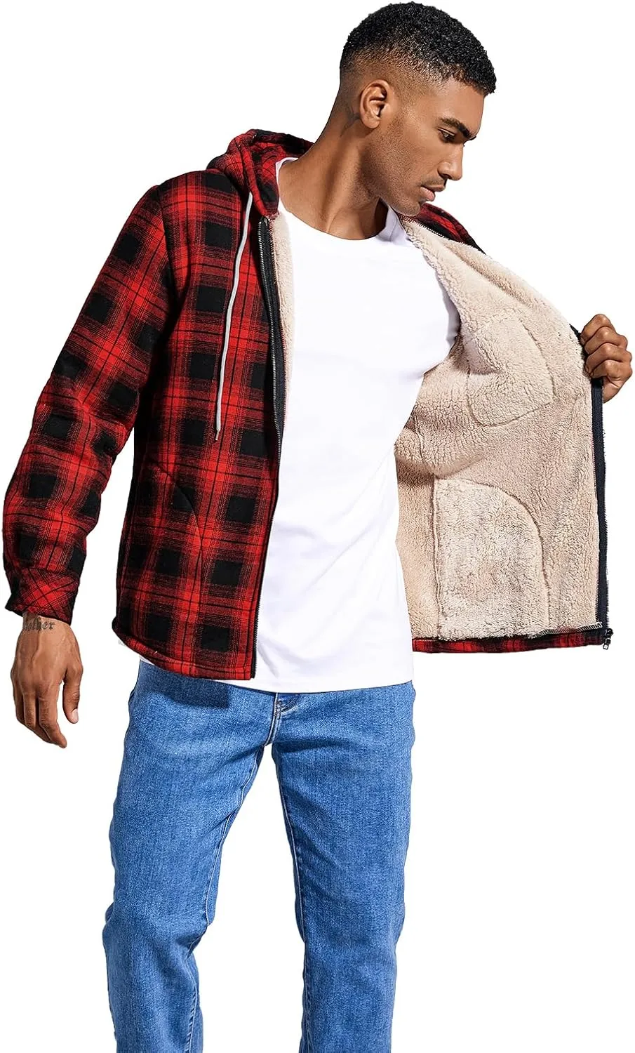Elesuit Men's Full Zip Fleece Flannel Jackets Shirt Plaid Cotton Hoodies Soft Warm Coat for Men with Hood