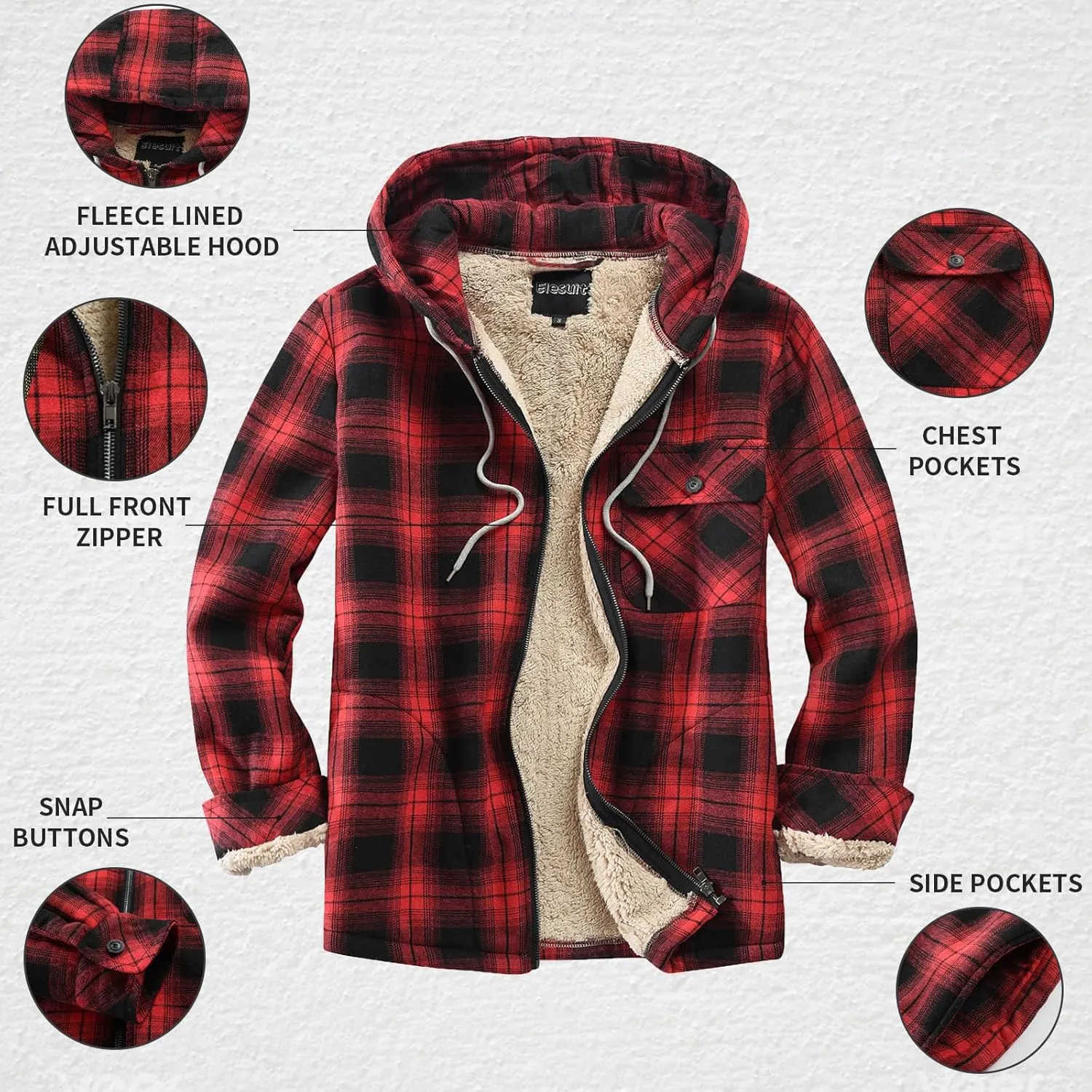 Elesuit Men's Full Zip Fleece Flannel Jackets Shirt Plaid Cotton Hoodies Soft Warm Coat for Men with Hood