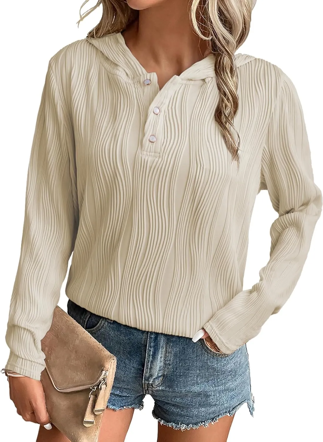 EVALESS Womens Sweatshirts Hoodies Casual Loose Long Sleeve V Neck Button Down Shirts Tops Pullover Fall Clothes Outfits