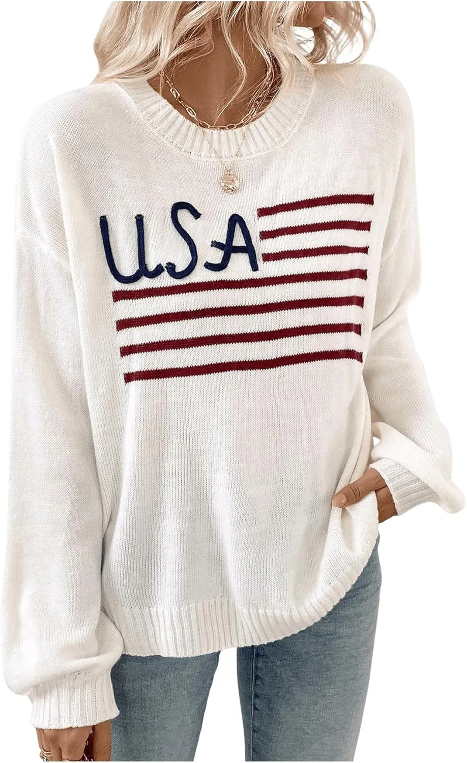 Floerns Women's American Flag Graphic Crew Neck Long Sleeve Sweater Knitted Pullover Tops
