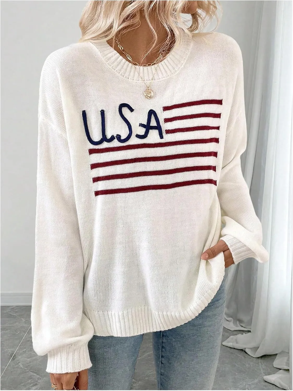 Floerns Women's American Flag Graphic Crew Neck Long Sleeve Sweater Knitted Pullover Tops