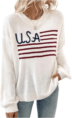 Floerns Women's American Flag Graphic Crew Neck Long Sleeve Sweater Knitted Pullover Tops