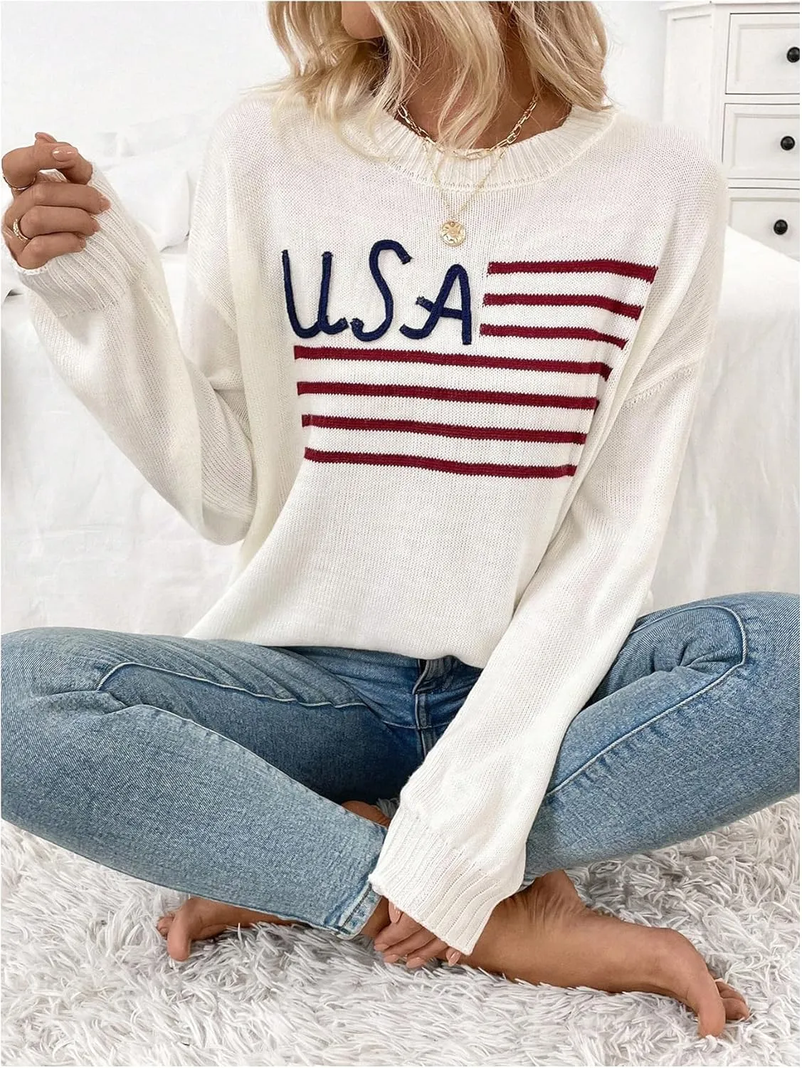 Floerns Women's American Flag Graphic Crew Neck Long Sleeve Sweater Knitted Pullover Tops